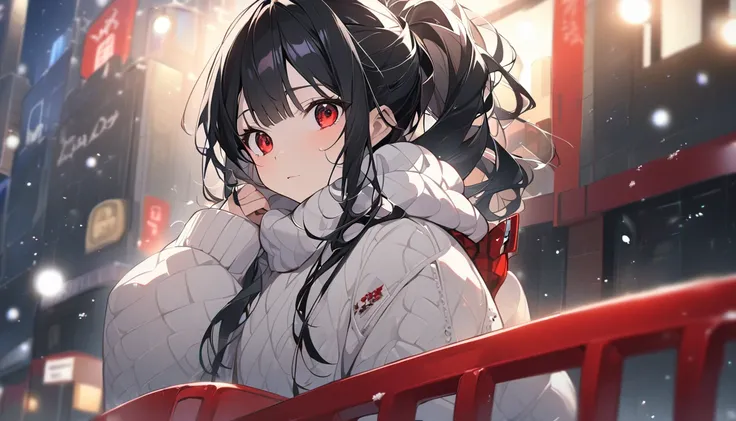  View 、（iPhone）Watch iPhone 、 smartphone 、snow、  sad face、Teary-eyed 、red eyes、  black hair、  ponytail、 Short Bang 、squint、 Adult female、  black hair、  Im brushing up my hair   、、  girl、  Im wearing a warm sweater on my upper body、Street lights in the city...