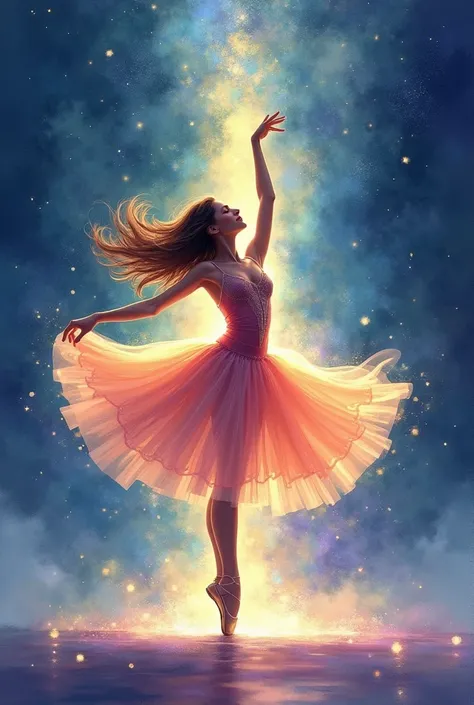  A ballet dancer in full pirouette, impressionist style, watercolor, vibrant colors blue ,  purple and yellow ,  brown hair,  background of stars and universe , limelight,  feeling of freedom and harmony .