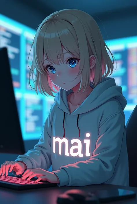 Girl Otaku manga light hair hack with Anonymous hoodie and have the letters MAI on her clothes