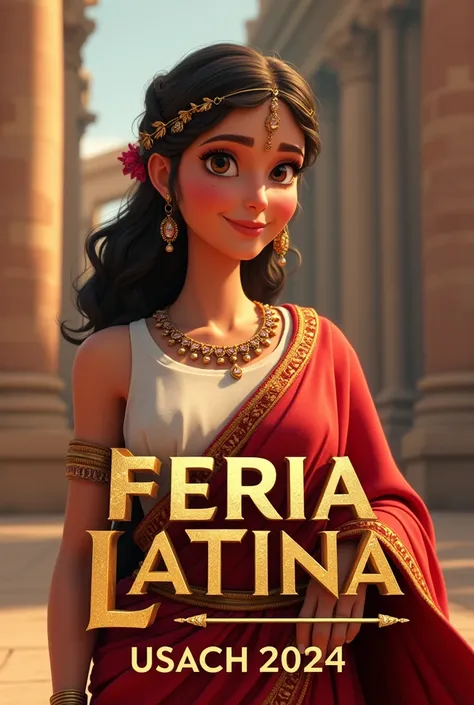 Create a Roman woman  (from ancient Rome , Animated version)  and that at the bottom of the image or in the middle of the image there is a text that says " Feria Latina Usach 2024 "