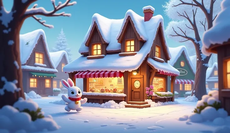 :A charming bakery with a sign reading "Lulus Sweet
Treats,"surrounded by snow-covered roofs and glowing windows. Lulu, a snow-white bunny, hops through the village square, her golden bell missing.  