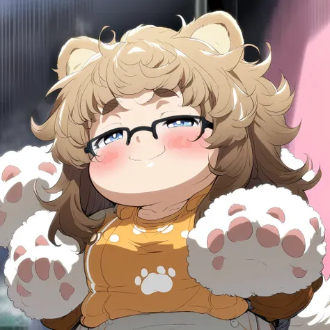 Anime, 1 girl, chubby, fluffy hair, side-layered hair, brunette, curvy body, sports bra (((paw imprint))), jacket, short shorts, glasses, tail, shy Smile 