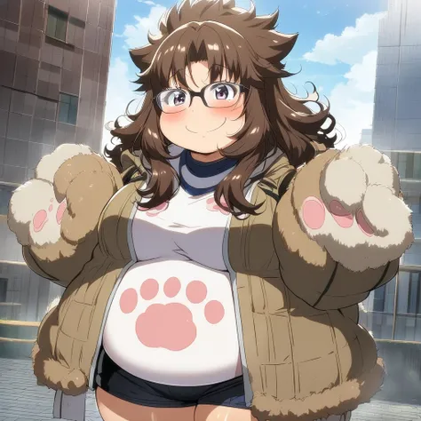 Anime, 1 girl, chubby, fluffy hair, side-layered hair, brunette, curvy body, sports bra (((paw imprint))), jacket, short shorts, glasses, tail, shy Smile 