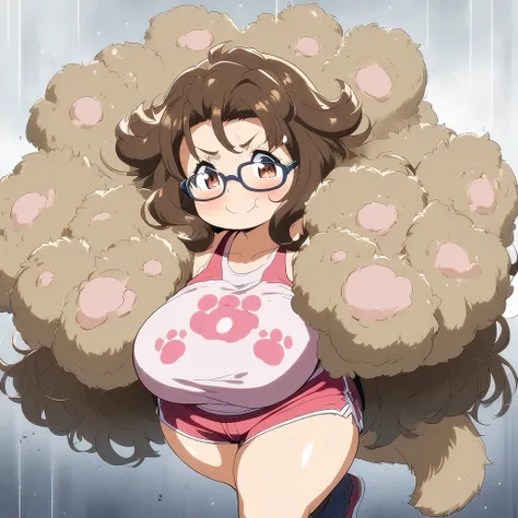 Anime, 1 girl, chubby, fluffy hair, side-layered hair, brunette, curvy body, sports bra (((paw imprint))), jacket, short shorts, glasses, tail, shy Smile 