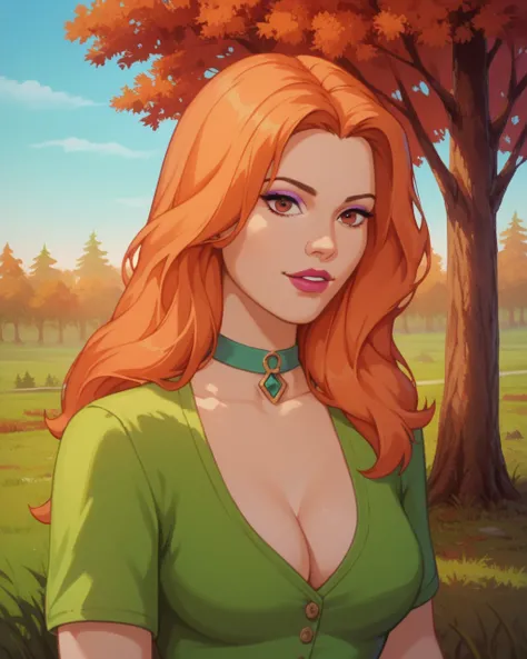 masterpiece, best quality, 1girl, cousinmel, orange hair, long hair,  brown eyes, eyeshadow, maekup, green shirt, pink skirt, choker, cleavage, lipstick, upper body, solo, looking at viewer, grass, trees, meadow background