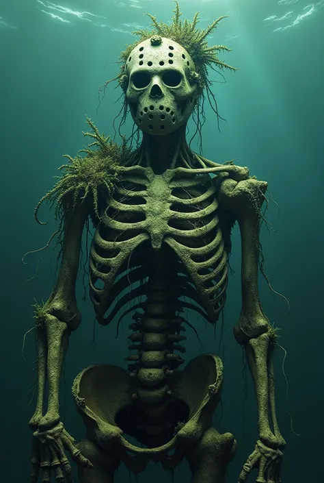 Jason Voorhees if he had been lying in the ocean for a 1000 years covered in algae,barnicals,plants,coral and his flesh decaying down to the bone