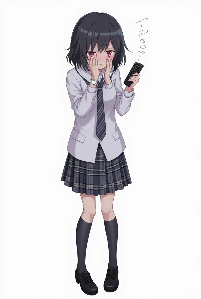 Teenage woman with black and short hair and with white anime watch and pink nails with schoolboy long-sleeved white shirt and plaid tie in dark gray and white and plaid pleated skirt in combination of dark gray and white colors, following a uniform pattern...