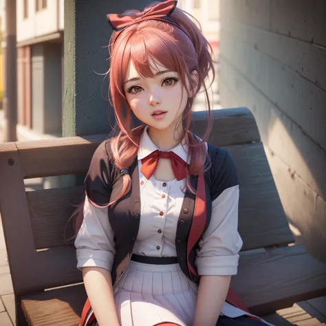 there is a woman sitting on a bench with a red headband, realistic anime 3 d style, photorealistic anime girl render, 3 d anime realistic, realistic young anime girl, render of a cute 3d anime girl, anime styled 3d, hyperrealistic schoolgirl, sakimichan hd...