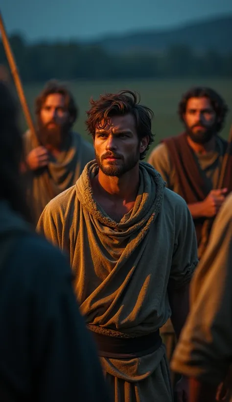  Create a young man , From hair up to the middle of the neck , brown color, and beard ,  talking to some men dressed in biblical times-style tunics,  and that they are taking him prisoner with sticks in his hands.in a field at night hours .