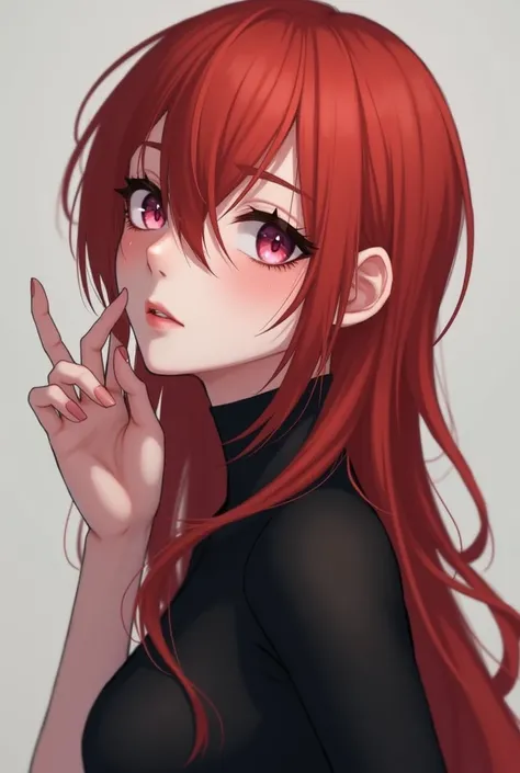 A Boy with sexy look and effeminate face and blushing face and long eyelashes, long red hair and pinkish red eyes and black clothes and looking sideways, ✌️ sign, tongue out.