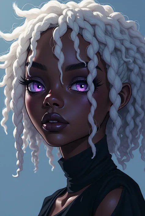 An anime style,  about  , a black albina , full lips, Big nose , with light hair, spaced African nago braids and violet eyes, curly hair