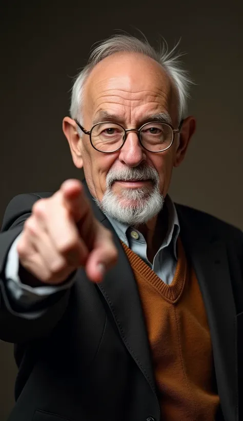 Create an image of a wise old man pointing at the camera 