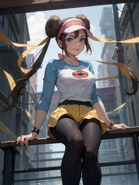 ((  Masterpiece , best quality)),  absurd,  ro1, Hair Bun,  blue eyes,  twin tails,  Visor Cap ,  pantyhose,  raglan sleeve, Yellow shorts,  shirt,  Pink Ribbons ,  watch ,
 Alone, smile,  look at the viewers,  cowboy shooting,  Cinematic Composition ,  dy...