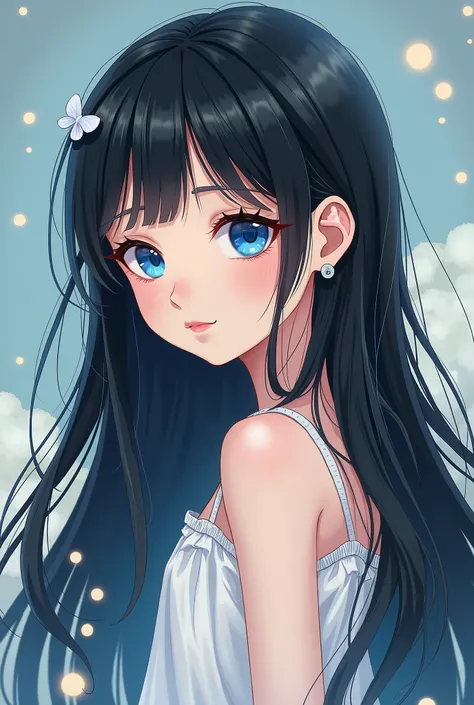 Beautiful  with long black hair and blue eyes, A beautiful  with long black hair and blue eyes drawn in cute pictures 