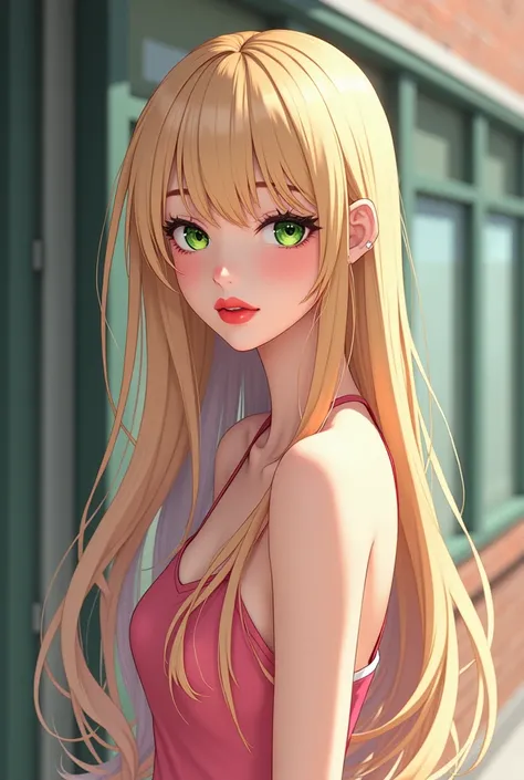 anime realism, realistic, detalles ultra realistics: velvety skin,  long blonde hair and green eyes. combed to the side , symmetrical lips, bright red light_ lipstick, _eyelashes, students, BREAK, ultra realistic 8k cg,  masterpiece  ,((( full body ))), Th...