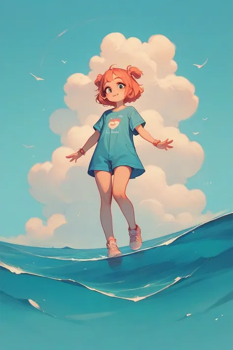 Simple lines、Ocean background、Cute Girl、 full body is shown