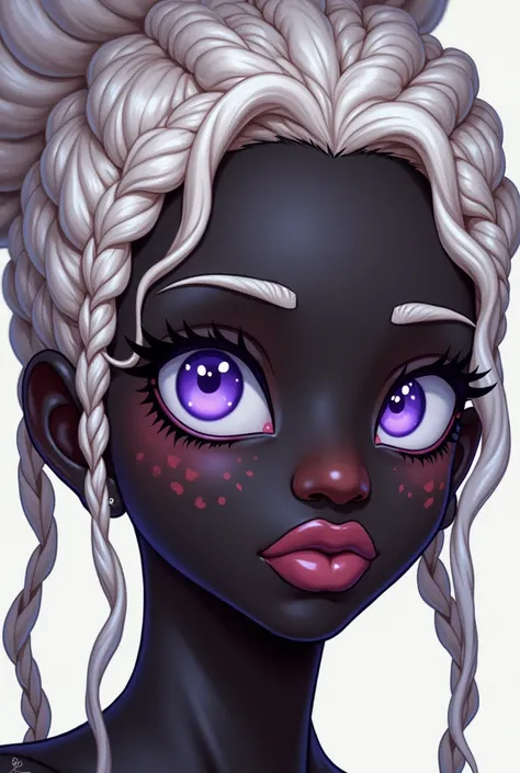 An anime style,  about  , a black albina , full lips, Big nose , with light hair, spaced African nago braids and violet eyes, curly hair, with vitiligo 