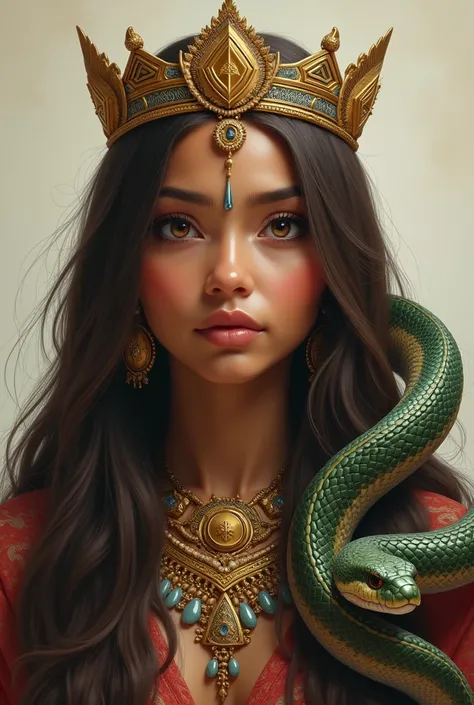 Beautiful chubby girl with indigenous features straight hair and long brown skin with a snake accompanied by her and a crown 