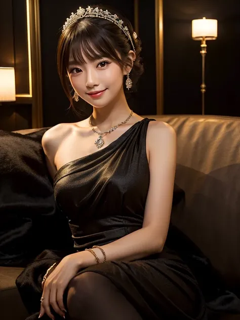 She is a very beautiful and well-styled Japanese woman in a dark night cabaret with romantic lighting wearing a short, silk-length, sexy, tight dress with lots of small jewels sewn with lots of slits and luxurious embroidery、(She has brown eyes and shoulde...