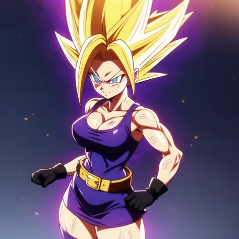 dbsuper style, 
Petite  Girl, green aura, super saiyan aura, belt, purple colored hair, huge hair, bruise, bruise on face, clenched hands, frown, Mages hat, gloves, blue eyes, grey gloves, evil grin, medium breasts, petite, soft muscles, solo, spiked hair,...