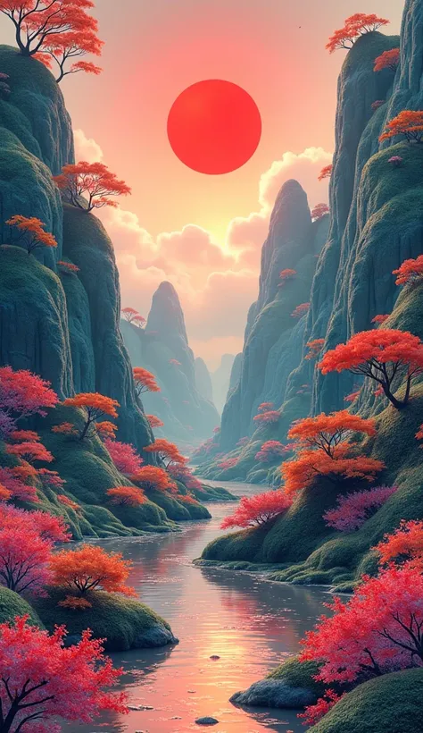 ( high definition ,  high detail,  best quality),Beautiful Wallpapers、Inspired by Japan、 Illustration based on white 、 A fantastic and dreamy world 、A small, round red sun rises high in the sky、
 Background Blurred 、(  Masterpiece ,  best quality), 8k,((( ...