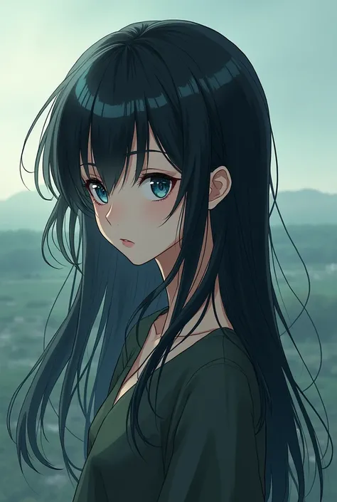 create me an anime character with long dark hair with blue-green eyes looking to the left 