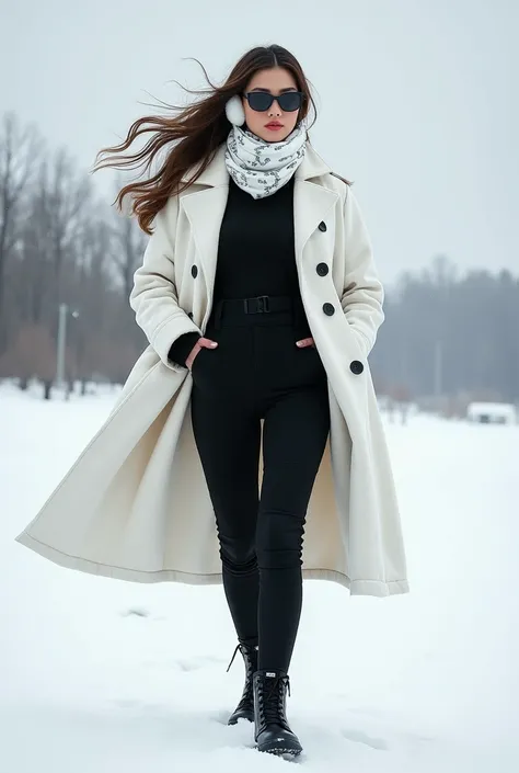 Create an image of a woman wearing tight black jumpsuit with a knee-length white coat that has black buttons, She is also wearing a printed white scarf and sunglasses
Sun .  and white ear protector 
She has long brown hair and is wearing black boots and is...