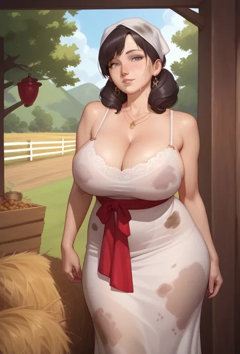 ((Best Quality))), (detailed), 8k, sexy, cute nose, huge breasts ,Visible curves, Wide hips, Realistic, Standing, sweaty, steamy, seducing, thick, Peasant woman, long dress, vintage, cloth over head, farm, 1860s, hot sun, dirty body, Milf, freckles, close-...