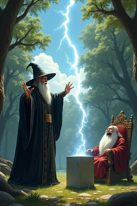 In a remote forest plane, on a sunny day. An old magician wear black rode and cone hat. The magician directs lightning to strike a concrete cube, in the presence of a fat king seated on a throne. The king was laughing 