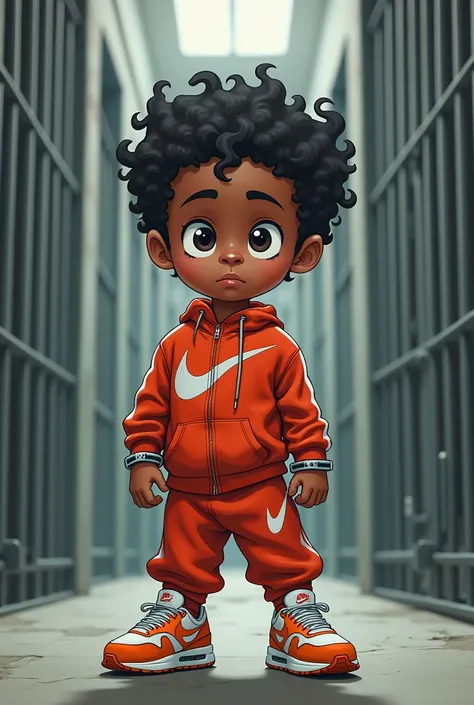 Un enfant des favelas en prison menottes en survêtement nike et air max cartoons 