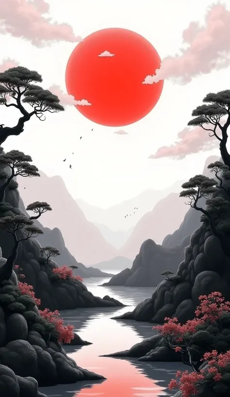 ( high definition ,  high detail,  best quality),Beautiful Wallpapers、Inspired by Japan、 Illustration based on white 、 A fantastic and dreamy world 、A small, round red sun rises high in the sky、 black and white、Black and White、
