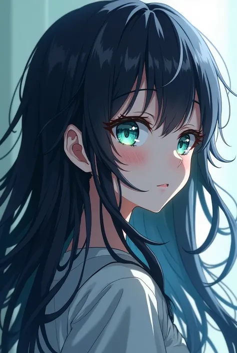 Create me an anime character with long dark hair with blue-green eyes looking to the left ultimate quality
