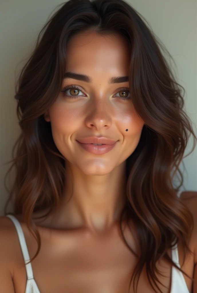 Create for me a Brazilian woman medium brown hair and eyes. greens,Make her look from day to day without makeup put a pint on the right side of her upper lips change the pint to the top of her mouth
