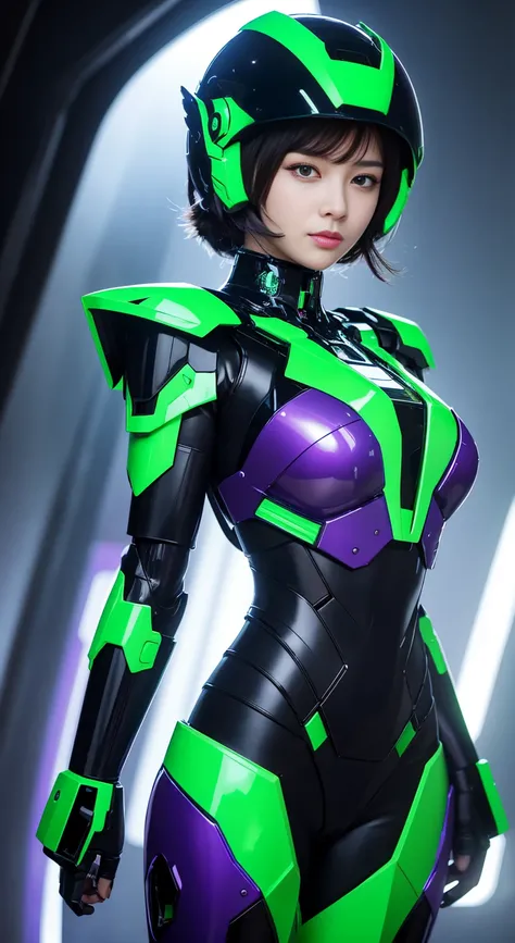   Max Image , Outstanding details,   super high resolution, ( realism: 1.4),  best illustration , ,  ONE VERY CONDENSED GIRL,  , Beautiful woman wearing a black and green mecha ,  wearing a mecha helmet ,  holding a direction control device ,  Wearing,  we...