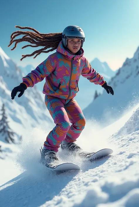 
A black short-haired handsome brother ， Long brown hair tied with tassel braids ，All body slim and tall ， demonstrates extremely advanced snowboarding skills ， Epic CG masterpiece ,【8k,  Ultra-fine graphic tension , dynamic poses,  Stunning colors , 3D Re...