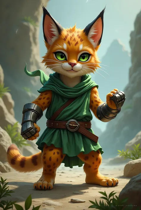 Small caracal catfolk wild magic barbarian with metal gauntlets wearing a green tunic shirt green eye color