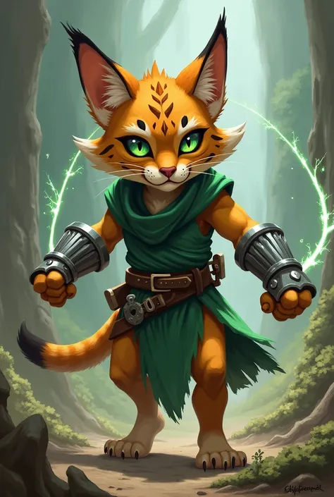 Small caracal catfolk wild magic barbarian with metal gauntlets wearing a green tunic shirt green eye color