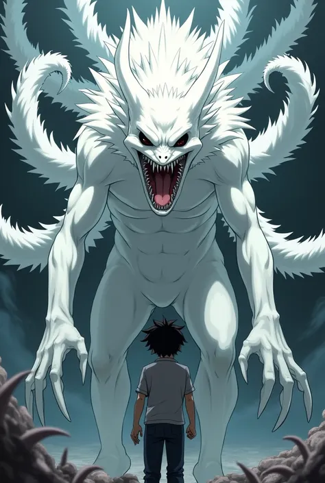 ( Jujutsu Kaisen .)
 Special grade curse , with two big eyes ,  his lower jaw extended out ,  and lower teeth were sharp and long .  His upper body , He was muscular and tall,  his fingernails were sharp and the back had 9 white tails, her whole white body...