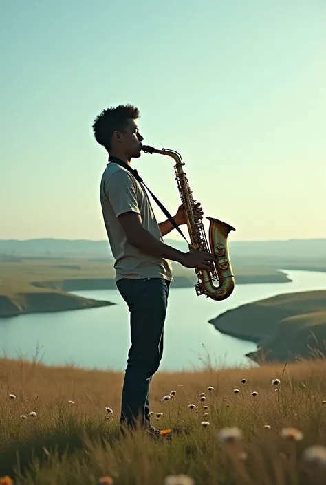 In a vast field ， a young man stands by a river and plays saxophone。