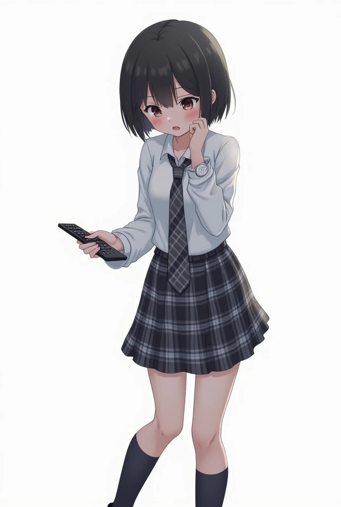 Teenage woman with black and short hair and with white anime watch and pink nails with schoolboy long-sleeved white shirt and plaid tie in dark gray and white and plaid pleated skirt in combination of dark gray and white colors, following a uniform pattern...