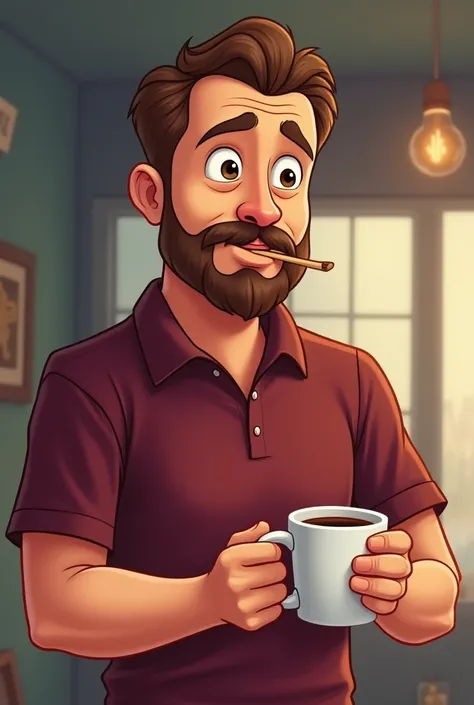 Create a character in a ,  white man, 50 years old, fallen eyes, little hair, brown and smooth, Slight brown beard and mustache, with a burgundy polo t-shirt,  cartoon with a toothpick in his mouth ,  holding a cup of coffee