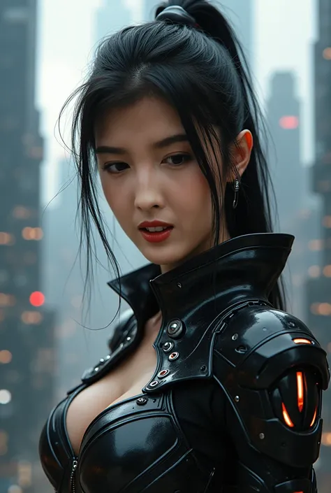 a close up of a asia woman in a cyberpunk costume standing on a cityscape, amouranth as a super villain, super photo realistic, realistic cosplay, super photo-realistic, ultra mega super hyper realistic, super-hero girl, super realistic photo, superhero bo...