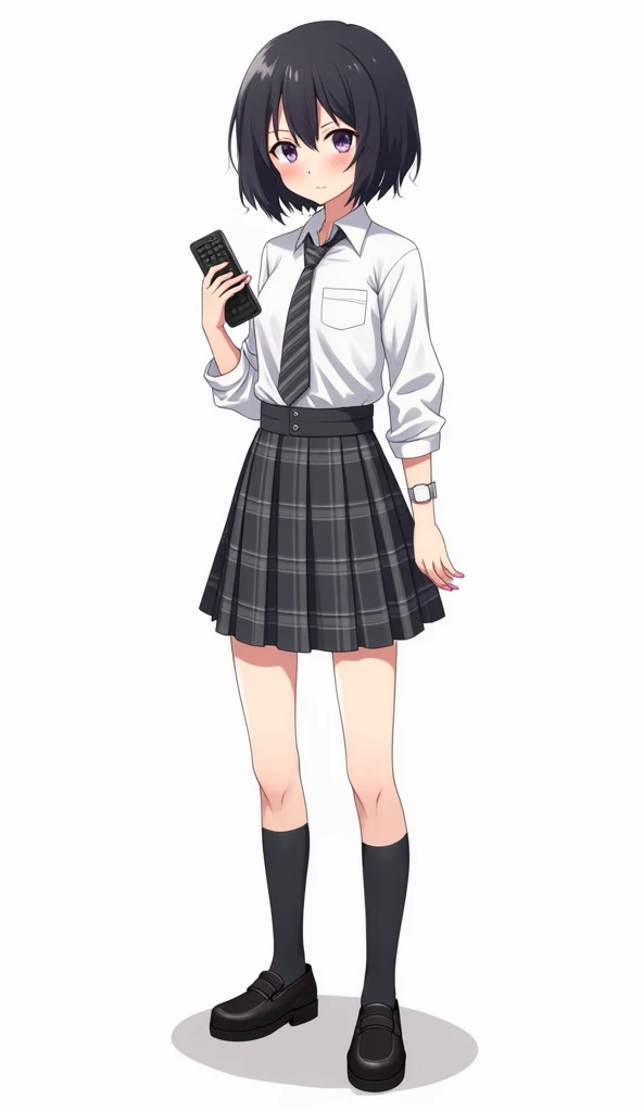 Teenage woman with black and short hair and with white anime watch and pink nails with schoolboy long-sleeved white shirt and plaid tie in dark gray and white and plaid pleated skirt in combination of dark gray and white colors, following a uniform pattern...