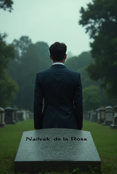 A 25-year-old man in a suit looking at a headstone with the text "Nailvek De La Rosa "