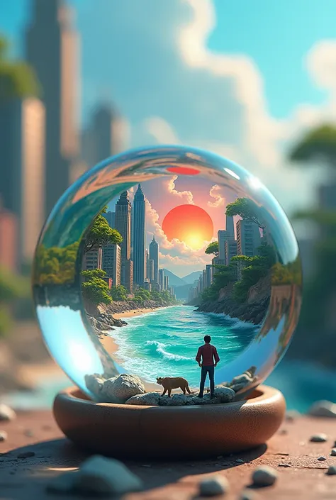 mini( pose), (8k,  RAW photos ,  best quality,   Masterpiece :1.2),  colorful background, Clean Background,  depth of writing, city, High-rise building with Akaku-Marui Sun, miniature, landscape, Equal length method,In the crystal ball, 16:9,  beach , Wave