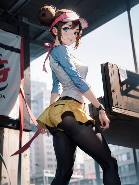 ((  Masterpiece , best quality)),  absurd,  ro1, Hair Bun,  blue eyes,  twin tails,  Visor Cap ,  pantyhose,  raglan sleeve, Yellow shorts,  shirt,  Pink Ribbons ,  watch ,
 Alone, smile,  look at the viewers,  cowboy shooting,  Cinematic Composition ,  dy...