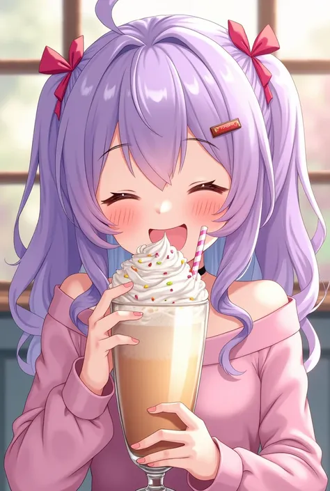  With light purple hair moan with a cute anime milkshake