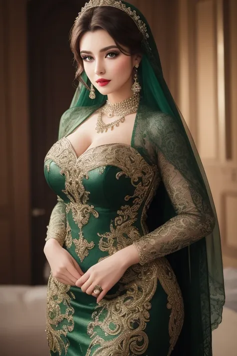 Standing woman, curvy bodybuilder body,  perfect face,green eyes,red lips, wearing green  wedding dress with Islamic decoration on the entire dress in black colors 