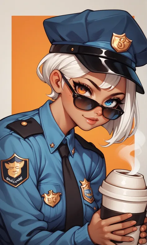 score_9, score_8_up, score_7_up, score_6_up, score_5_up, score_4_up, (source_anime),  1yung boy, hyper penis, hyper ballsack, white hair, tan skin, heterochromia, one orange eye, and one blue eye, cop car, black hair, black skin, police uniform, sprinkle d...