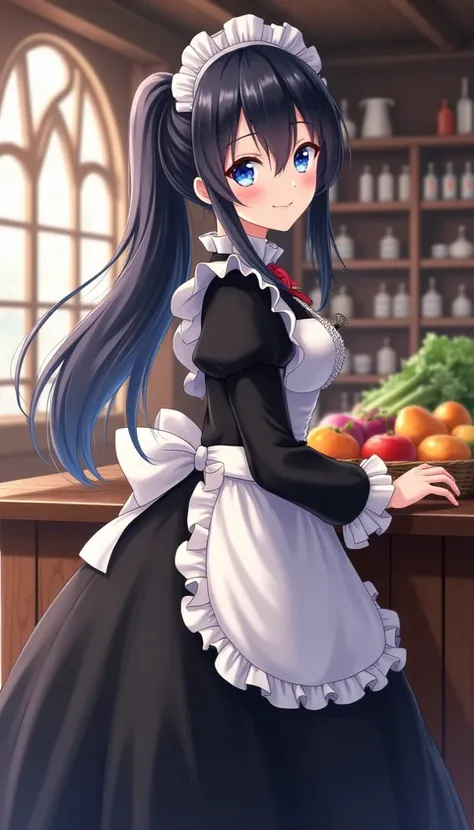 An anime girl is wearing a maid outfit, turning around in front of a wooden counter and smiling at the viewer. , one girl, solo, black hair, hair between the eyes, long hair, voluminous hair, light blue eyes, medieval interior,
BREAK,
Long sleeves, puff sl...